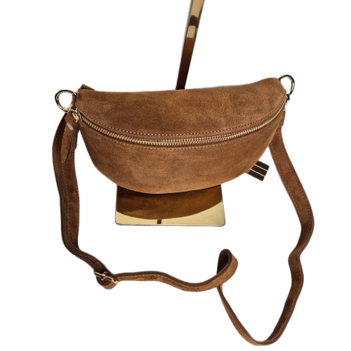 Mała brązowa cynamonowa nerka zamszowa skórzana skóra naturalna crossbody z paskiem brązowa idealna na codzień pojemna włoska
