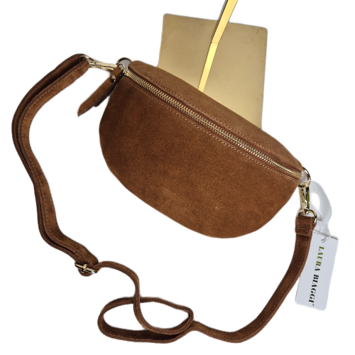Mała brązowa cynamonowa nerka zamszowa skórzana skóra naturalna crossbody z paskiem brązowa idealna na codzień pojemna włoska