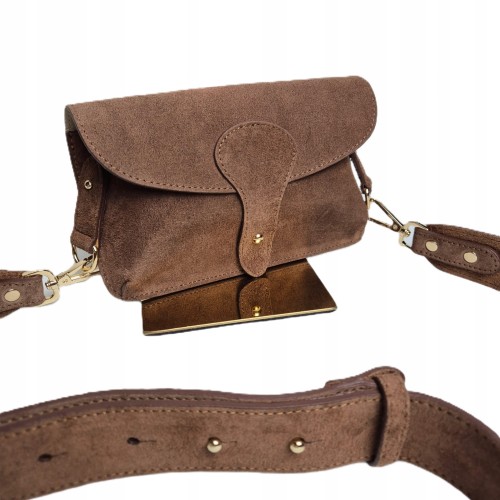 Laura Biaggi mała zamszowa torebka listonoszka brązowa instagramka włoska torebka crossbody saszetka skóra naturalna zamszowa