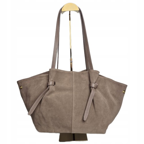 Laura Biaggi zamszowa torebka shopper z napami beżowa taupe skóra naturalna zamszowa włoska torebka shopperka pojemna na co dzień do pracy rozpinana TS05-101C