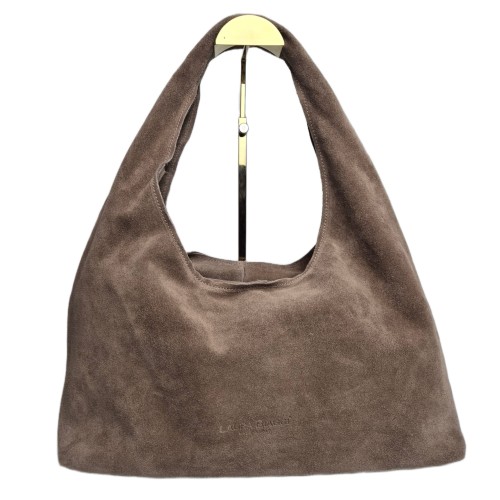 Laura Biaggi duża pojemna skórzana torebka damska zamszowa skóra naturalna brązowa mocha mokka hobo bag worek na codzień casual A4