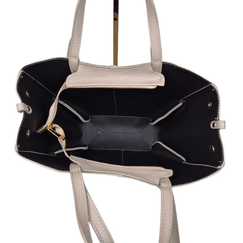 Borse in Pelle włoska torebka mini shopper jasny beż beżowy licowa skóra naturalna napy elegancka włoska torebka z kosmetyczką rozpinana