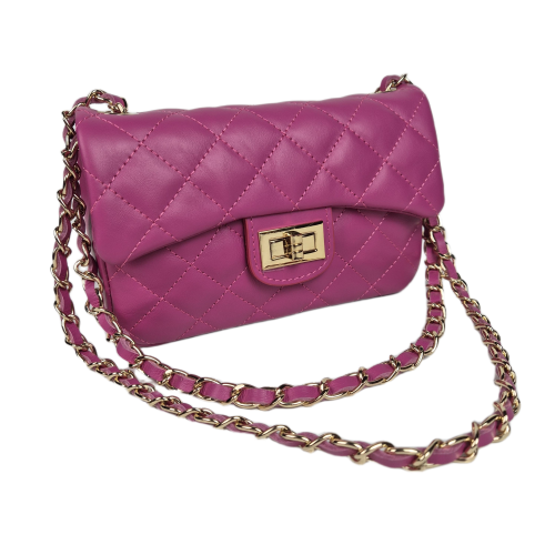 Laura Biaggi mała torebka listonoszka pikowana skórzana z łańcuszkiem elegancka crossbody różowa fuksja skóra naturalna licowa
