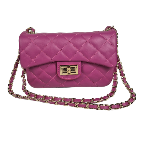 Laura Biaggi mała torebka listonoszka pikowana skórzana z łańcuszkiem elegancka crossbody różowa fuksja skóra naturalna licowa