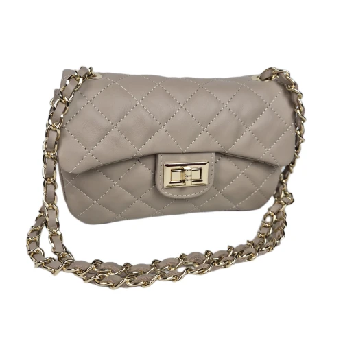 Laura Biaggi mała torebka listonoszka pikowana skórzana z łańcuszkiem elegancka crossbody beżowa skóra naturalna licowa