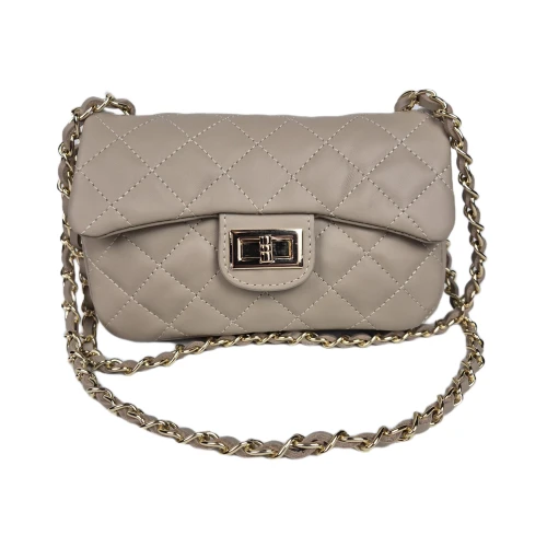 Laura Biaggi mała torebka listonoszka pikowana skórzana z łańcuszkiem elegancka crossbody beżowa skóra naturalna licowa