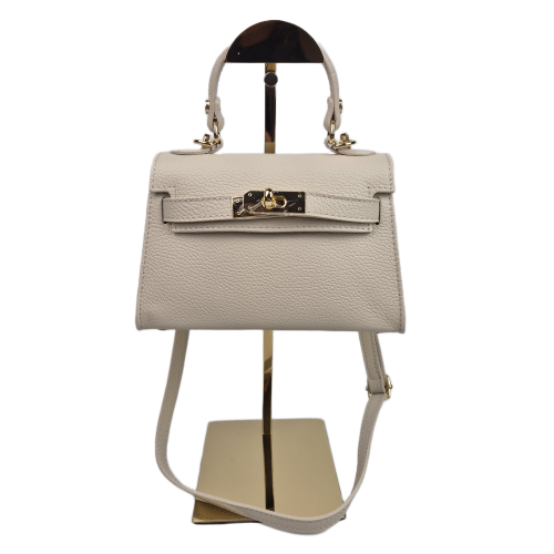 Vera Pelle mała skórzana torebka listonoszka kuferek beżowa skóra naturalna licowa z paskiem damska crossbody włoska elegancka