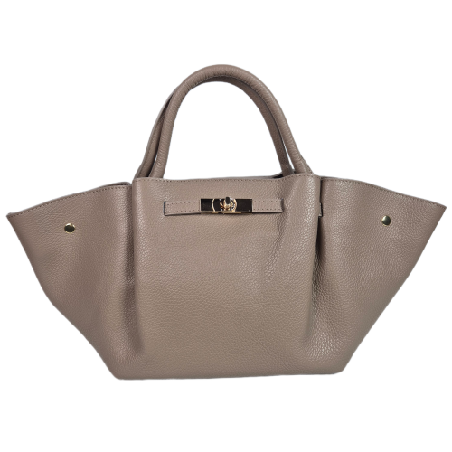 Laura Biaggi duża torebka skórzana skóra naturalna licowa taupe beżowa na ramię z paskiem pojemna włoska na codzień shopper bag shopperka