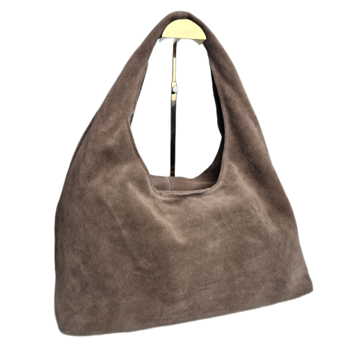 Laura Biaggi duża pojemna skórzana torebka damska zamszowa skóra naturalna brązowa mocha mokka hobo bag worek na codzień casual A4