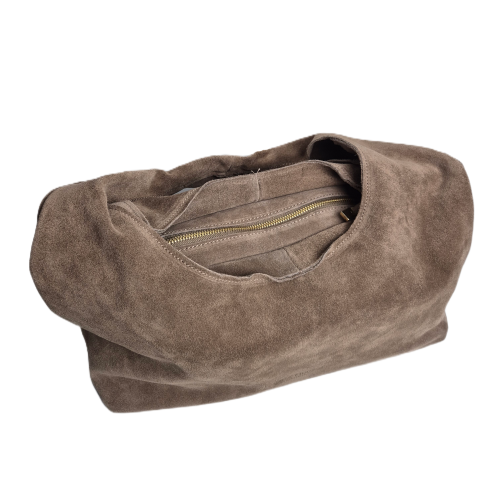 Laura Biaggi duża pojemna skórzana torebka damska zamszowa skóra naturalna brązowa mocha mokka hobo bag worek na codzień casual A4