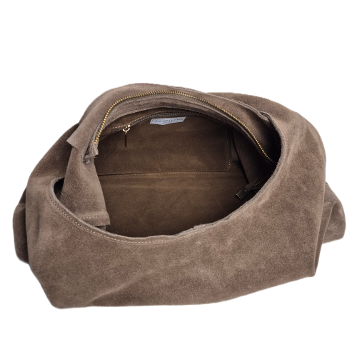 Laura Biaggi duża pojemna skórzana torebka damska zamszowa skóra naturalna brązowa mocha mokka hobo bag worek na codzień casual A4