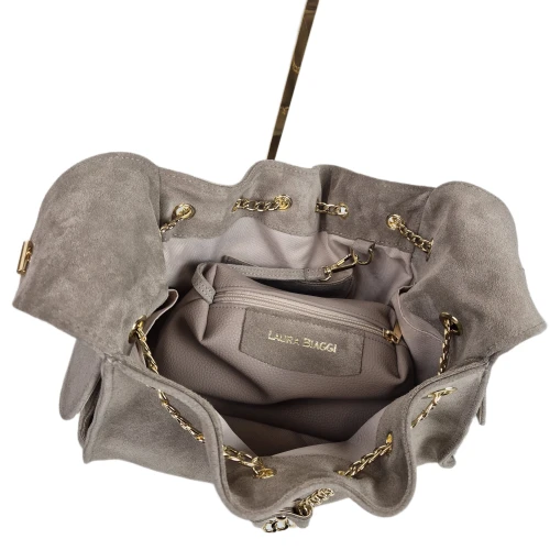 Laura Biaggi torebka worek hobo bag taupe złote łańcuszki skóra naturalna zamszowa z kieszeniami elegancka