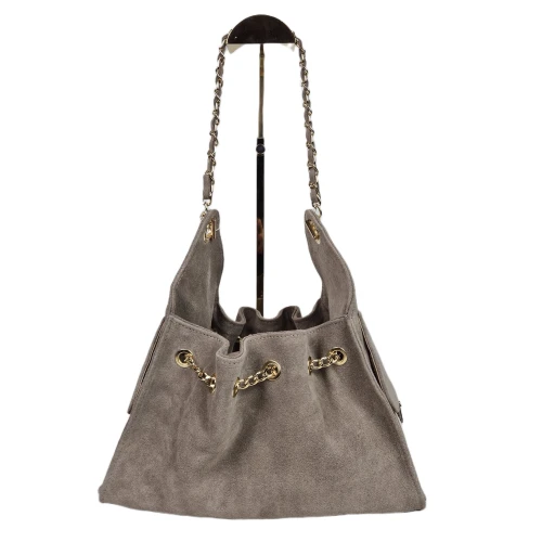Laura Biaggi torebka worek hobo bag taupe złote łańcuszki skóra naturalna zamszowa z kieszeniami elegancka