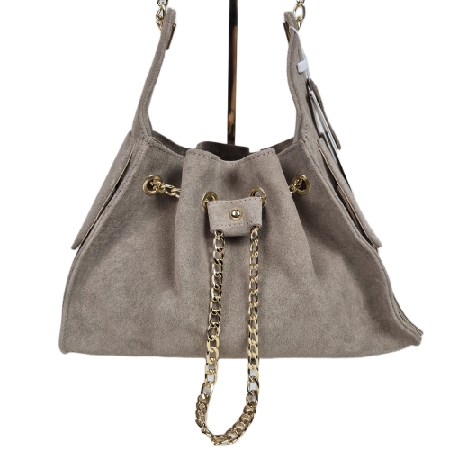 Laura Biaggi torebka worek hobo bag taupe złote łańcuszki skóra naturalna zamszowa z kieszeniami elegancka