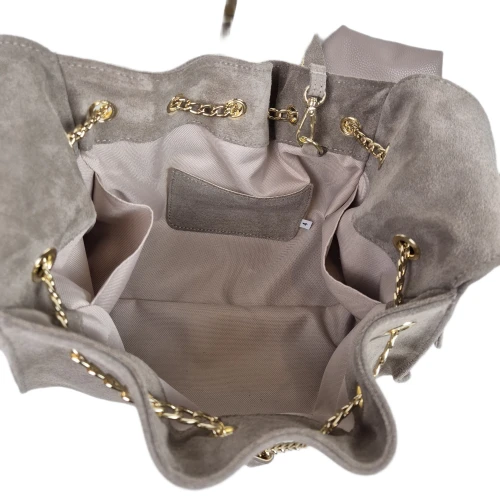 Laura Biaggi torebka worek hobo bag taupe złote łańcuszki skóra naturalna zamszowa z kieszeniami elegancka