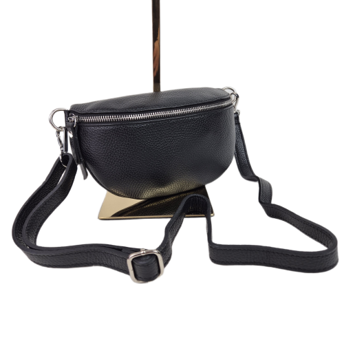 Mała skórzana nerka listonoszka skóra naturalna licowa crossbody z paskiem włoska srebrne okucia