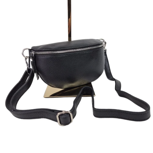 Mała skórzana nerka listonoszka skóra naturalna licowa crossbody z paskiem włoska srebrne okucia