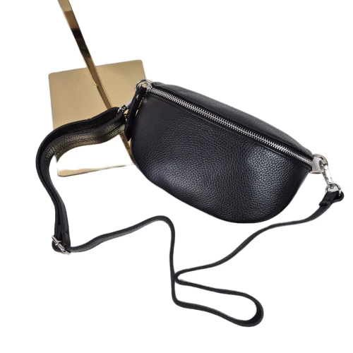 Mała skórzana nerka listonoszka skóra naturalna licowa crossbody z paskiem włoska srebrne okucia