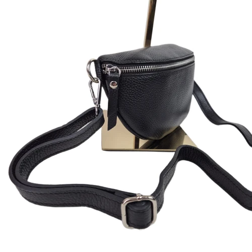 Mała skórzana nerka listonoszka skóra naturalna licowa crossbody z paskiem włoska srebrne okucia