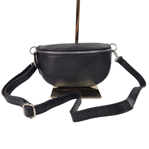 Mała skórzana nerka listonoszka skóra naturalna licowa crossbody z paskiem włoska srebrne okucia