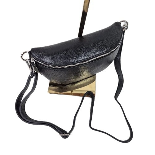 Mała skórzana nerka listonoszka skóra naturalna licowa crossbody z paskiem włoska srebrne okucia