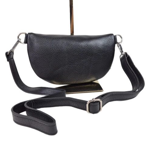 Mała skórzana nerka listonoszka skóra naturalna licowa crossbody z paskiem włoska srebrne okucia