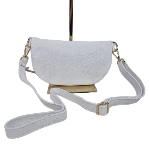 Mała skórzana nerka listonoszka skóra naturalna licowa crossbody z paskiem włoska srebrne okucia biała