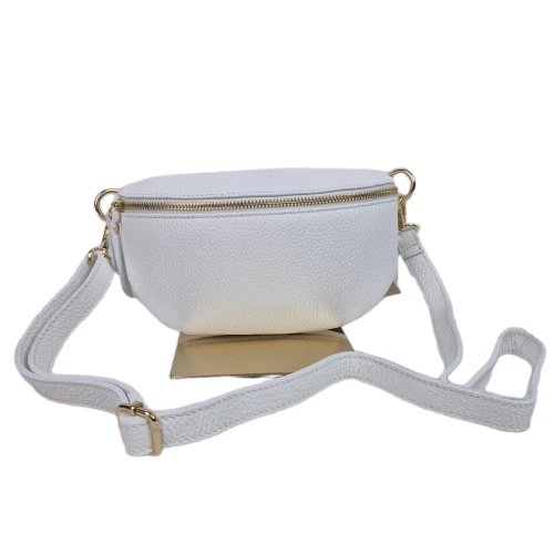 Mała skórzana nerka listonoszka skóra naturalna licowa crossbody z paskiem włoska srebrne okucia biała