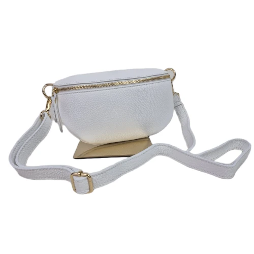 Mała skórzana nerka listonoszka skóra naturalna licowa crossbody z paskiem włoska srebrne okucia biała