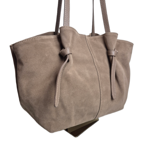Laura Biaggi zamszowa torebka shopper z napami beżowa taupe skóra naturalna zamszowa włoska torebka shopperka pojemna na co dzień do pracy rozpinana TS05-101C