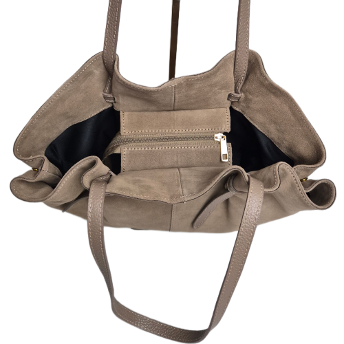 Laura Biaggi zamszowa torebka shopper z napami beżowa taupe skóra naturalna zamszowa włoska torebka shopperka pojemna na co dzień do pracy rozpinana TS05-101C