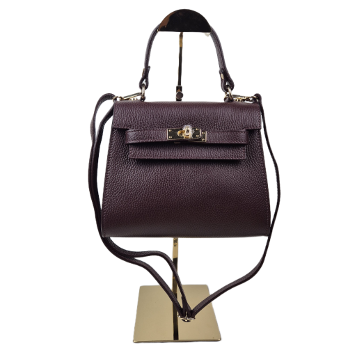 Vera Pelle mała skórzana torebka damska kuferek bordowa burgundowa pojemna z paskiem crossbody włoska skóra naturalna licowa elegancka