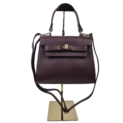 Vera Pelle mała skórzana torebka damska kuferek bordowa burgundowa pojemna z paskiem crossbody włoska skóra naturalna licowa elegancka