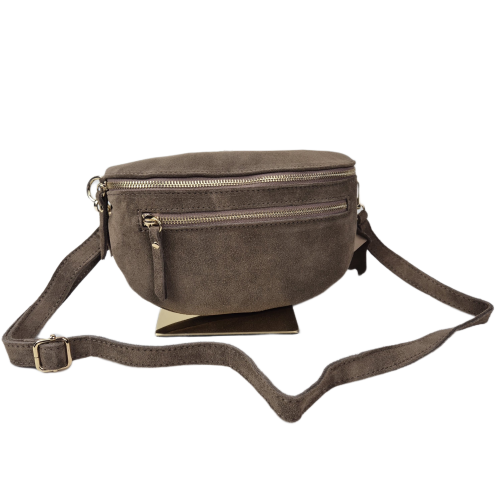 Mała nerka saszetka listonoszka skórzana zamszowa skóra naturalna zamszowa brązowa fango pojemna z paskiem crossbody na codzień