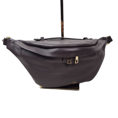 Laura Biaggi duża nerka czekoladowa brązowa skóra naturalna licowa pojemna nerka włoska torebka listonoszka crossbody