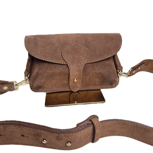 Laura Biaggi mała zamszowa torebka listonoszka brązowa instagramka włoska torebka crossbody saszetka skóra naturalna zamszowa