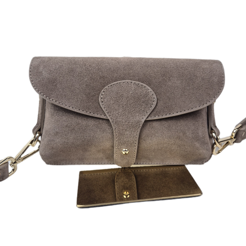 Vera Pelle mała skórzana saszetka torebka listonoszka zamszowa skóra naturalna zamszowa brązowa taupe crossbody