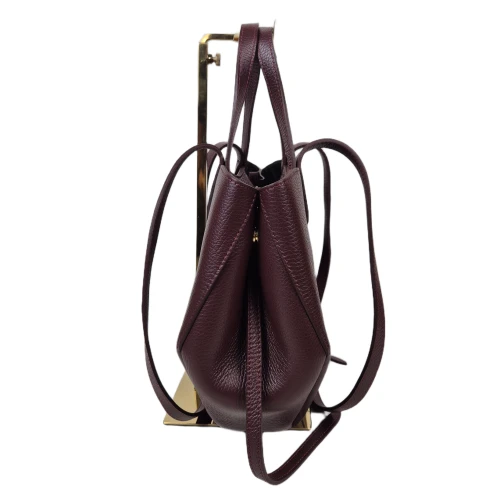Borse in Pelle włoska torebka mini shopper bordowa burgundowa licowa skóra naturalna napy elegancka włoska torebka z kosmetyczką rozpinana na co dzień do pracy