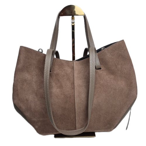 Laura Biaggi torebka damska typu mini shopper z napami zamszowa skóra naturalna beżowa taupe elegancka włoska torebka shopper rozpinana do pracy na co dzień TS112-14