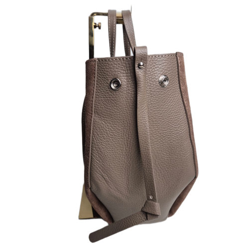 Laura Biaggi torebka damska typu mini shopper z napami zamszowa skóra naturalna beżowa taupe elegancka włoska torebka shopper rozpinana do pracy na co dzień TS112-14