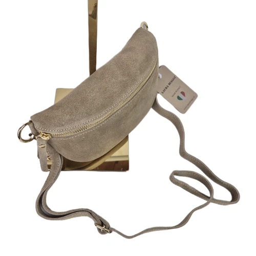 Laura Biaggi mała nerka listonoszka skórzana zamszowa elegancka crossbody skóra naturalna beż