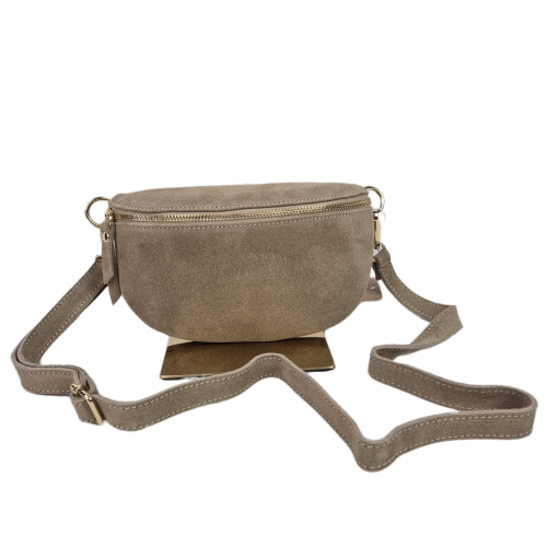 Laura Biaggi mała nerka listonoszka skórzana zamszowa elegancka crossbody skóra naturalna beż