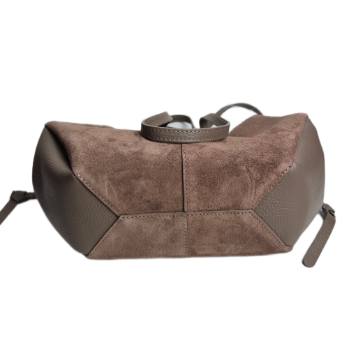 Laura Biaggi torebka damska typu mini shopper z napami zamszowa skóra naturalna beżowa taupe elegancka włoska torebka shopper rozpinana do pracy na co dzień TS112-14
