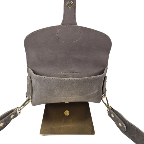 Vera Pelle mała nerka listonoszka skórzana zamszowa skóra natura szaro beżowa taupe crossbody elegancka
