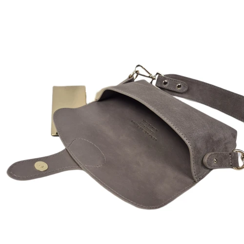 Vera Pelle mała nerka listonoszka skórzana zamszowa skóra natura szaro beżowa taupe crossbody elegancka
