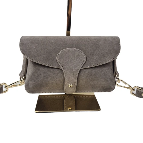 Vera Pelle mała nerka listonoszka skórzana zamszowa skóra natura szaro beżowa taupe crossbody elegancka