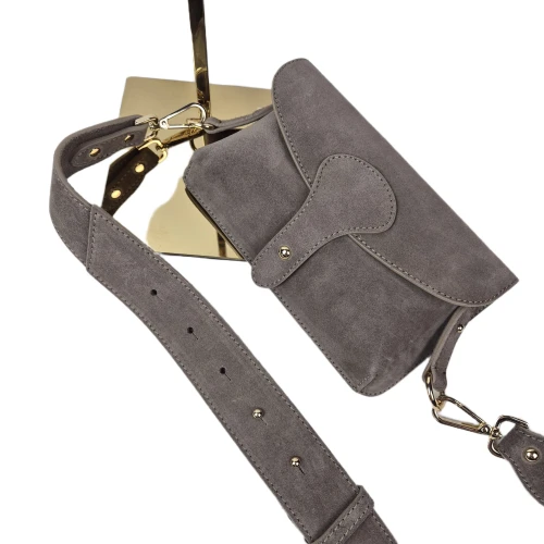 Vera Pelle mała nerka listonoszka skórzana zamszowa skóra natura szaro beżowa taupe crossbody elegancka