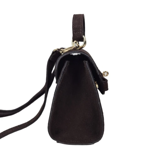 Laura Biaggi mała czekoladowa brązowa torebka skórzana zamszowa skóra naturalna kuferek z paskiem crossbody