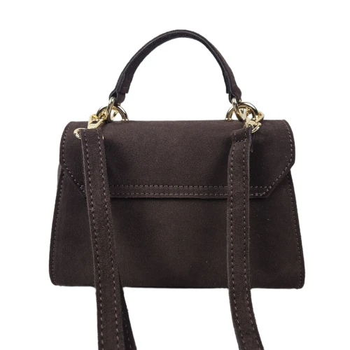 Laura Biaggi mała czekoladowa brązowa torebka skórzana zamszowa skóra naturalna kuferek z paskiem crossbody