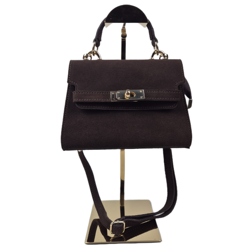 Laura Biaggi mała czekoladowa brązowa torebka skórzana zamszowa skóra naturalna kuferek z paskiem crossbody
